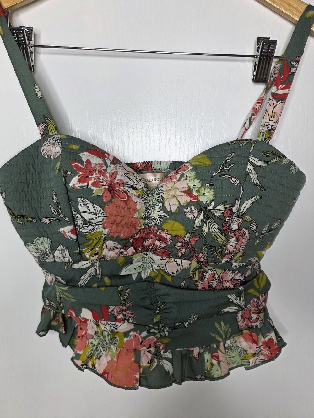 BOG Collective Green Floral Smocked Sweetheart Crop Top